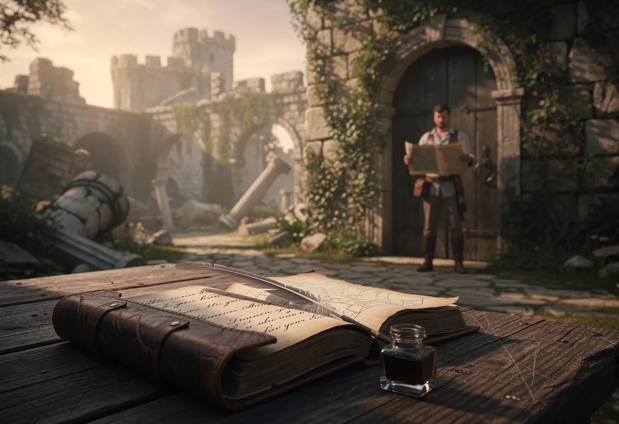 Adventure log, worn leather-bound book, creased spine, soft diffused light, muted colors.