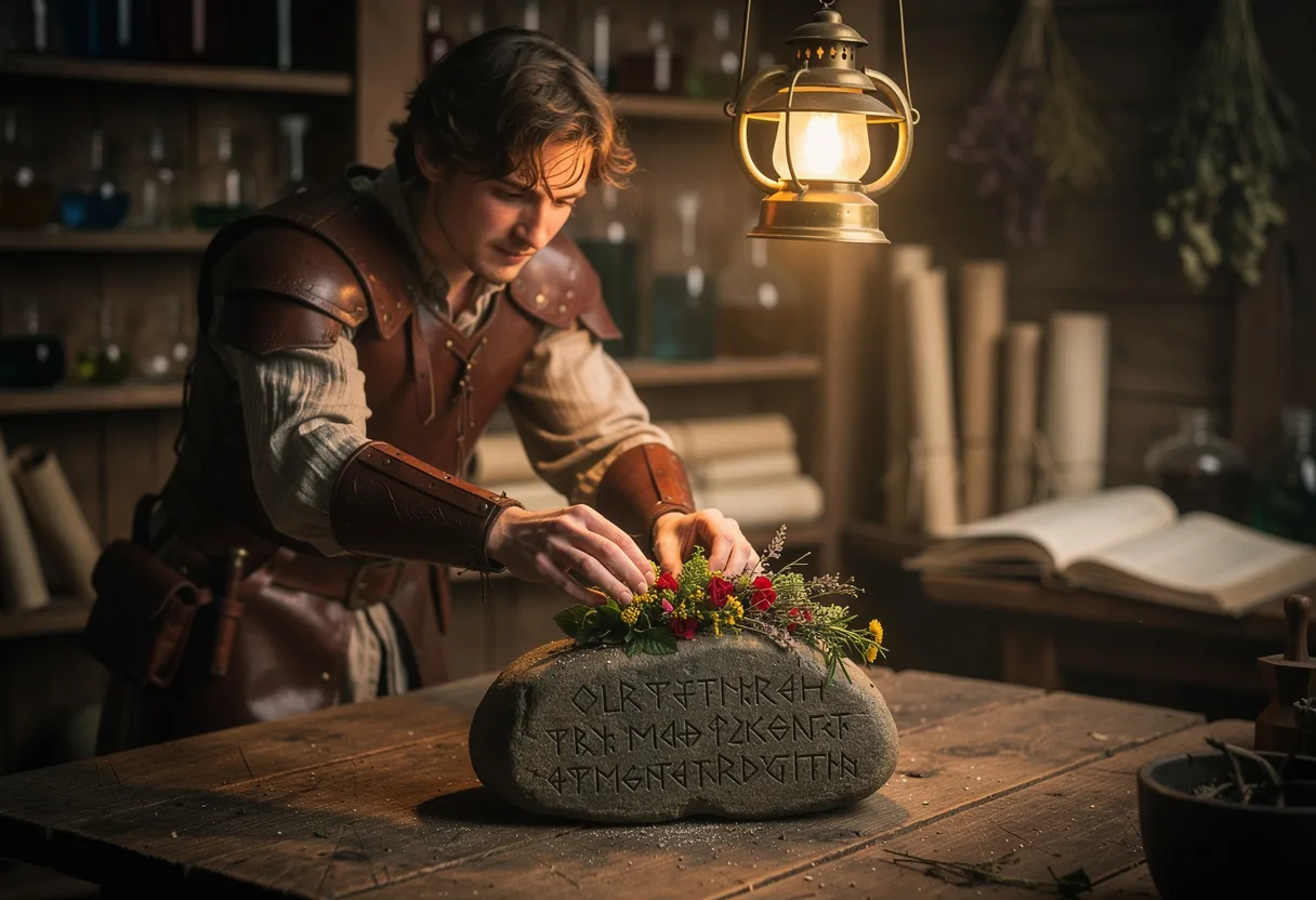 A weathered alchemy stone on a rustic wooden table, muted colors, soft lighting.