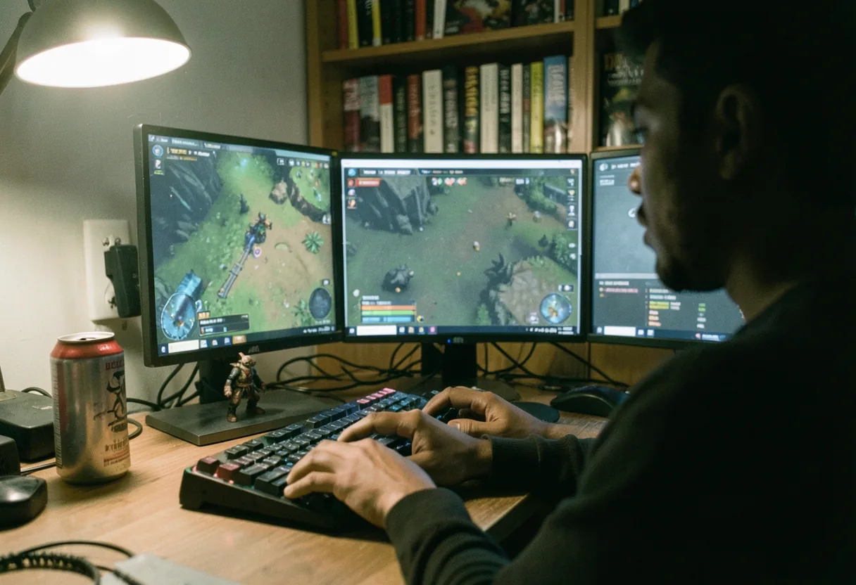 Player at desk strategizing BDO AP brackets, maximizing ability points, muted lighting.