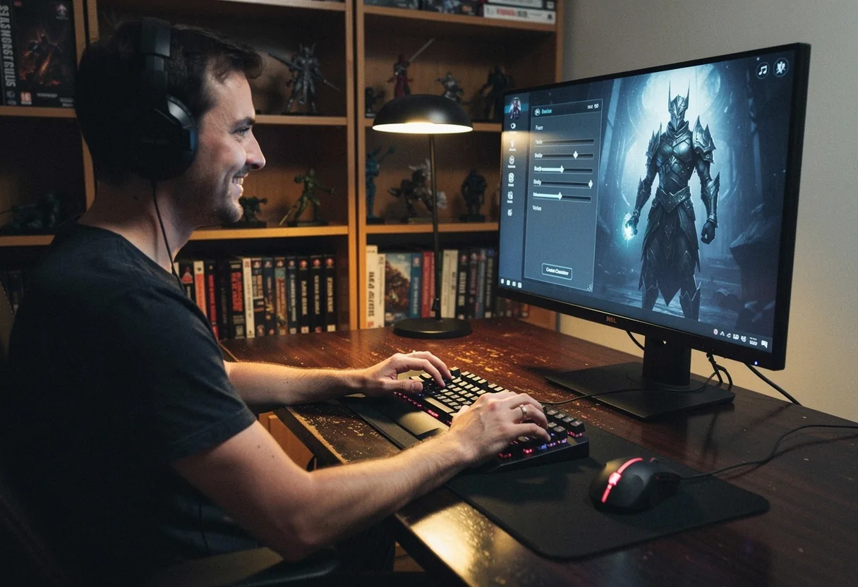 Gamer customizing character in BDO with keyboard and mouse on a modern desk.