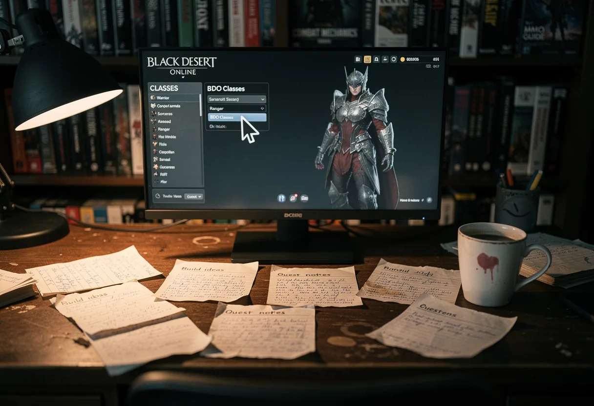 Cluttered desk with notes, cup, and game guide under soft light. BDO classes breakdown.