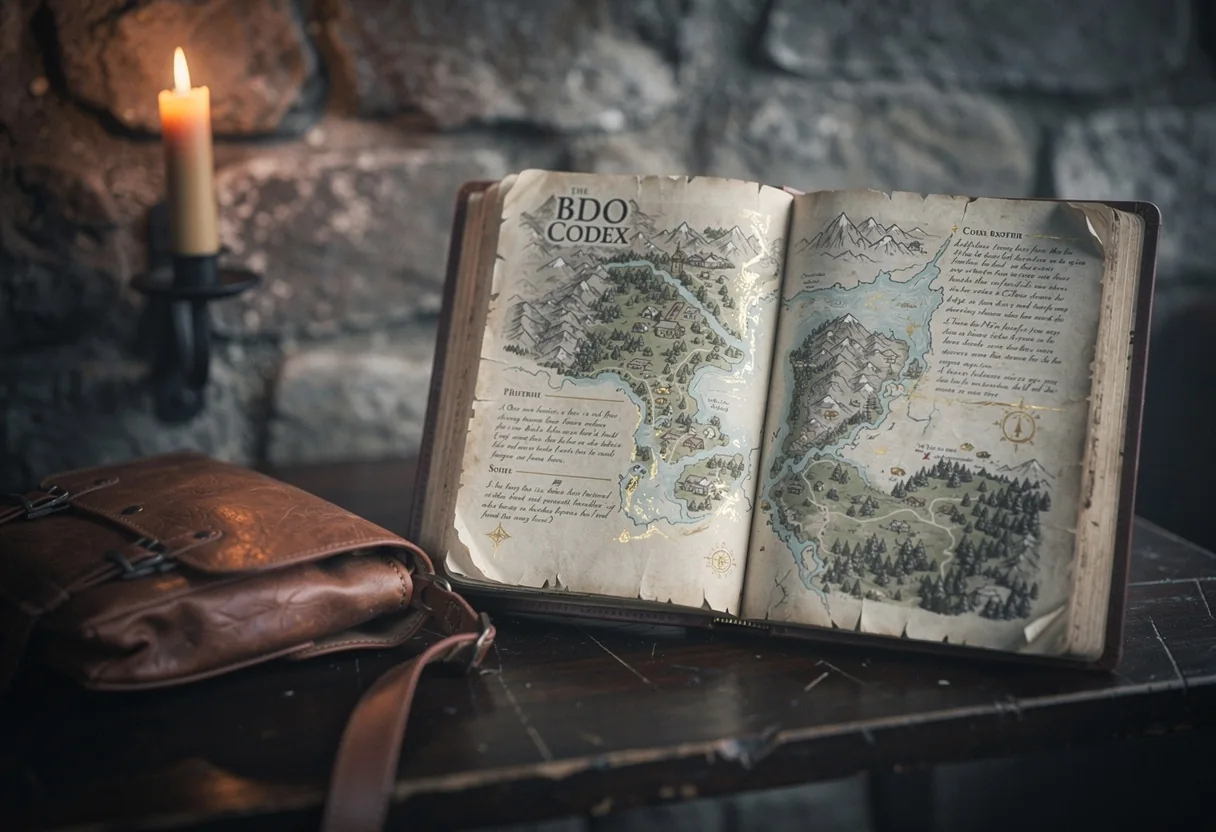 Worn open book, BDO Codex, on dark surface, soft lighting, muted colors.