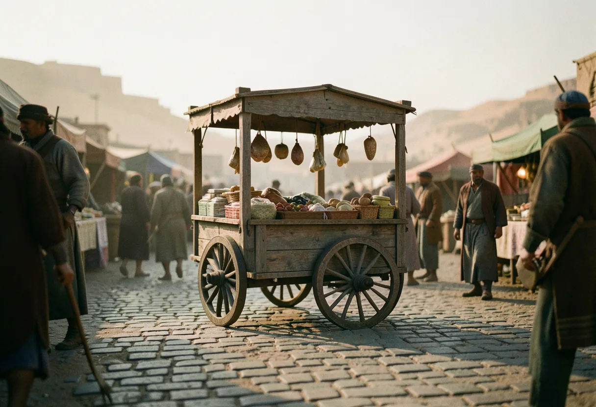 Wooden trading cart filled with goods, muted colors, soft lighting, BDO Essence of Dawn.