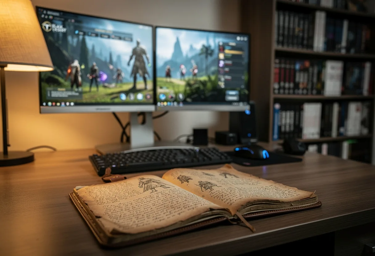 Worn leather journal open, pen resting, soft muted lighting, Black Desert Online guide.