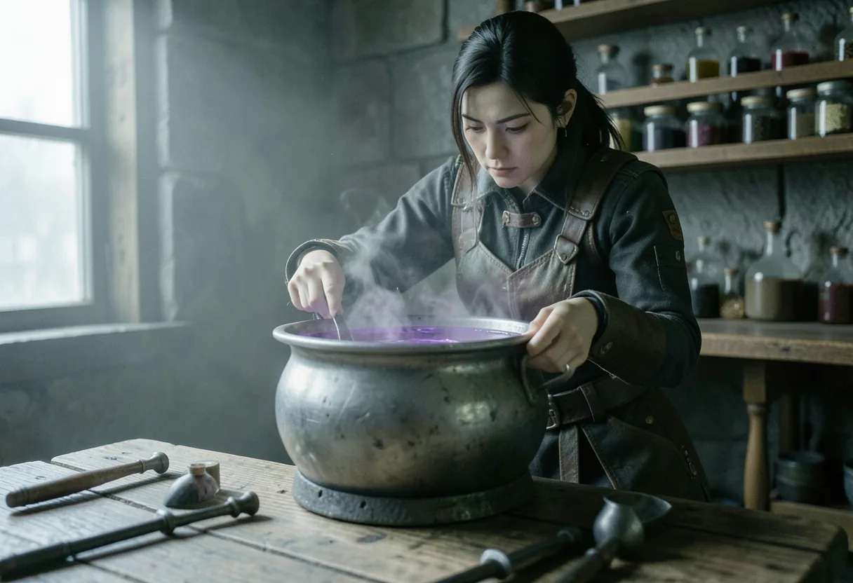 Black Desert Online character farming Infinite Potions in serene, muted landscape.