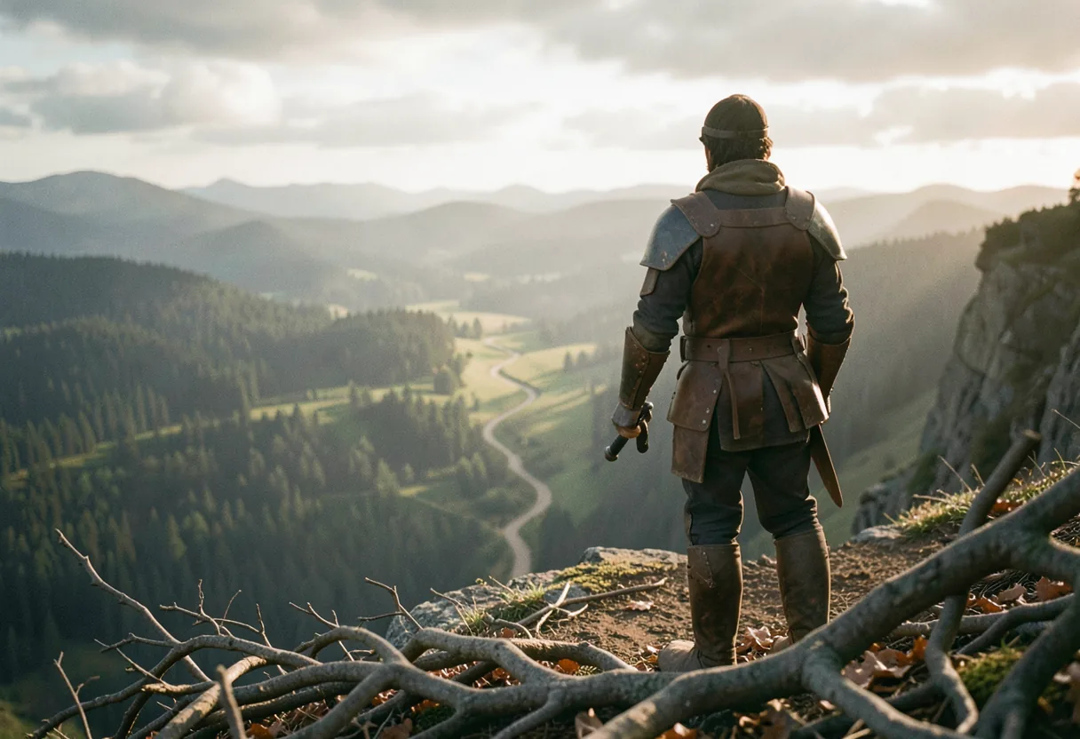 Adventurer in leather armor overlooking vast landscape, BDO level grinding routes.