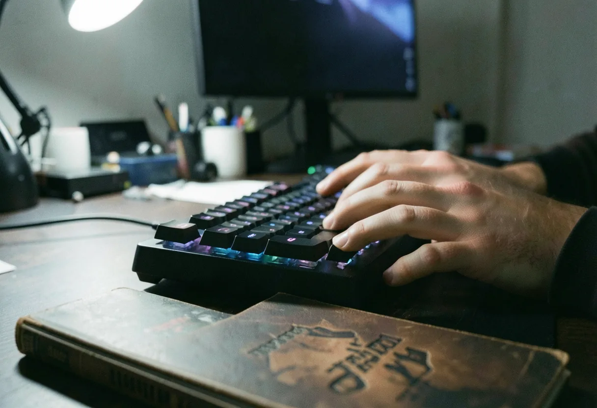 Gamer's hands on mechanical keyboard, BDO Lightstone Combinations, soft muted lighting.