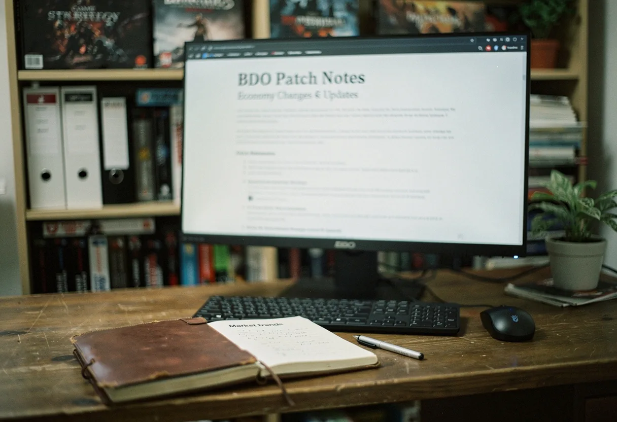 Monitor displaying BDO patch notes on economy changes and updates, dimly lit room.