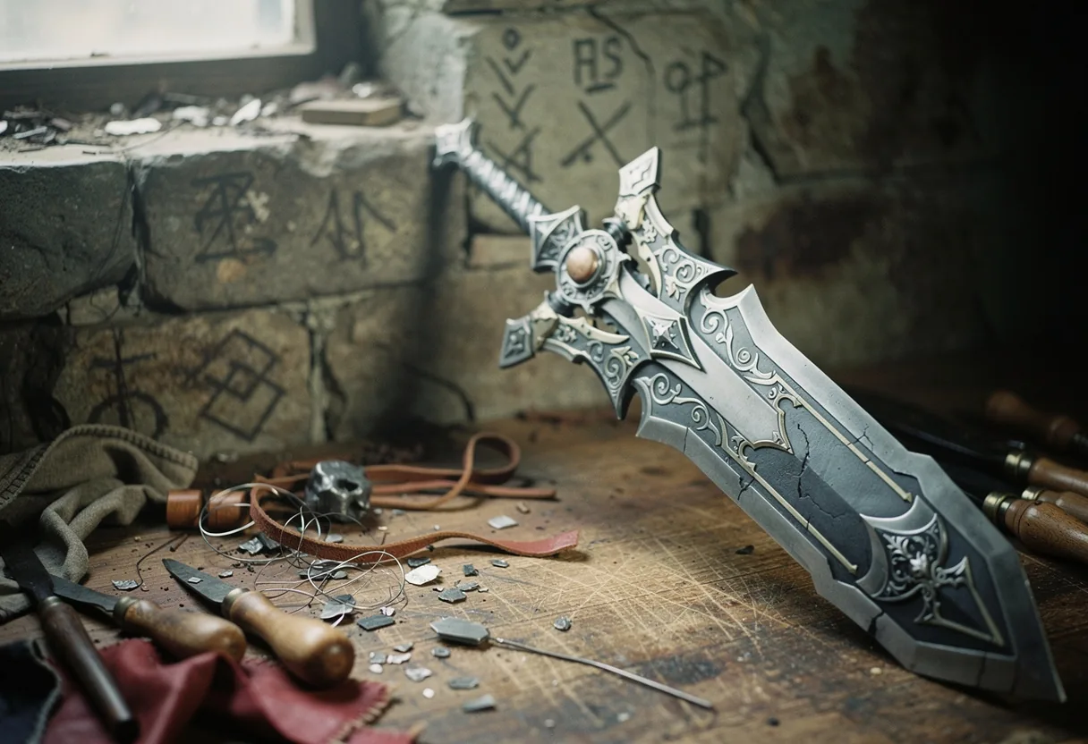 A BDO Sovereign Weapon on a worn wooden workbench, intricate engravings catching faint light.
