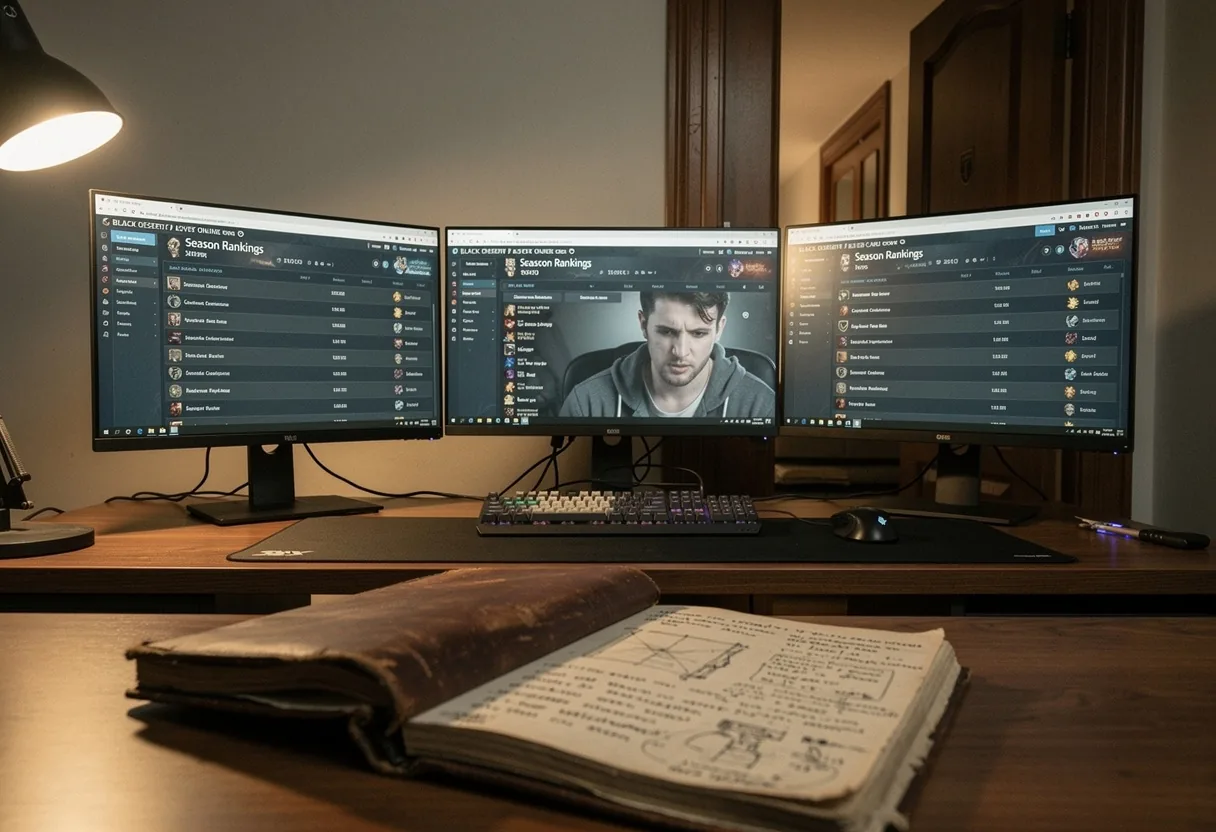 Gamer's desk with three monitors showing character rankings, muted colors, soft lighting.