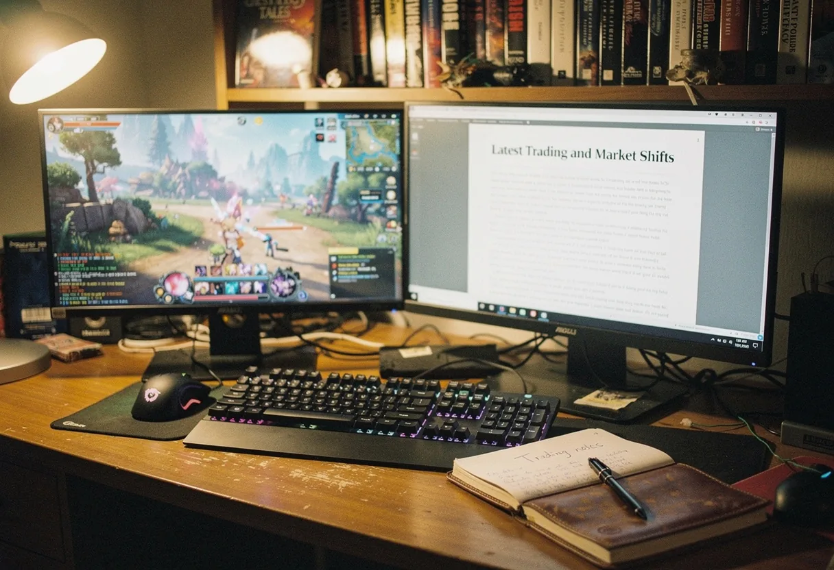 Cluttered wooden desk with trading charts, laptop, and coffee cup, BDO market updates.