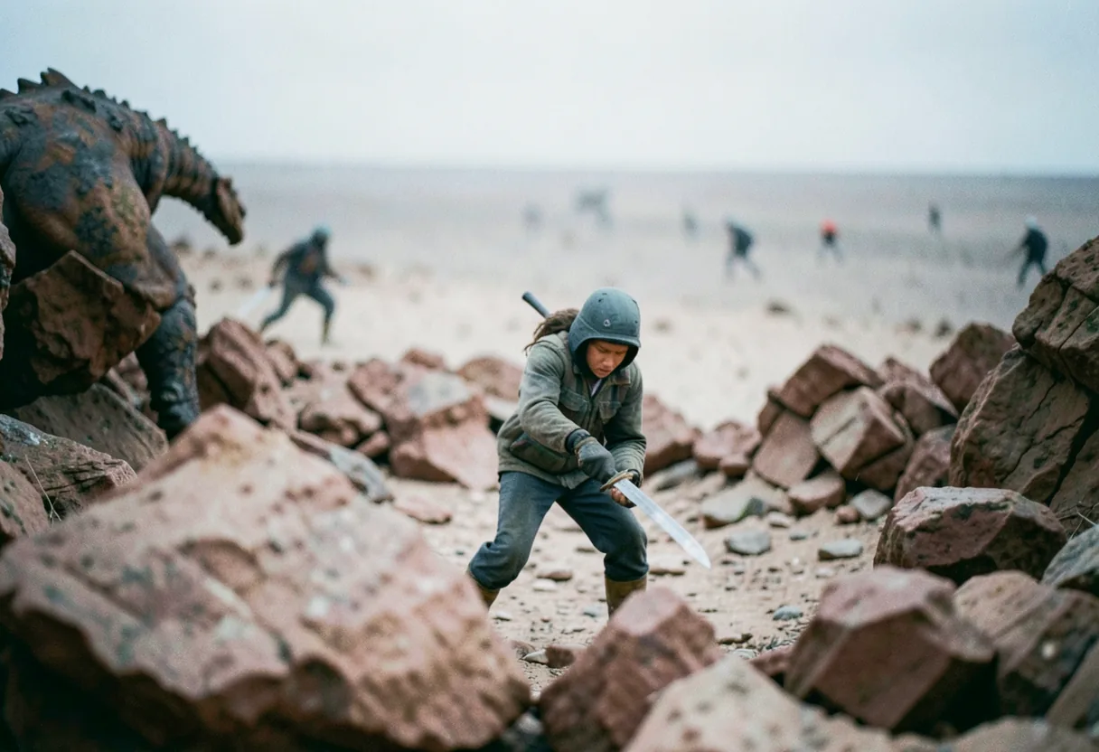 A player stands alone in a rocky, muted landscape, grinding in Black Desert.
