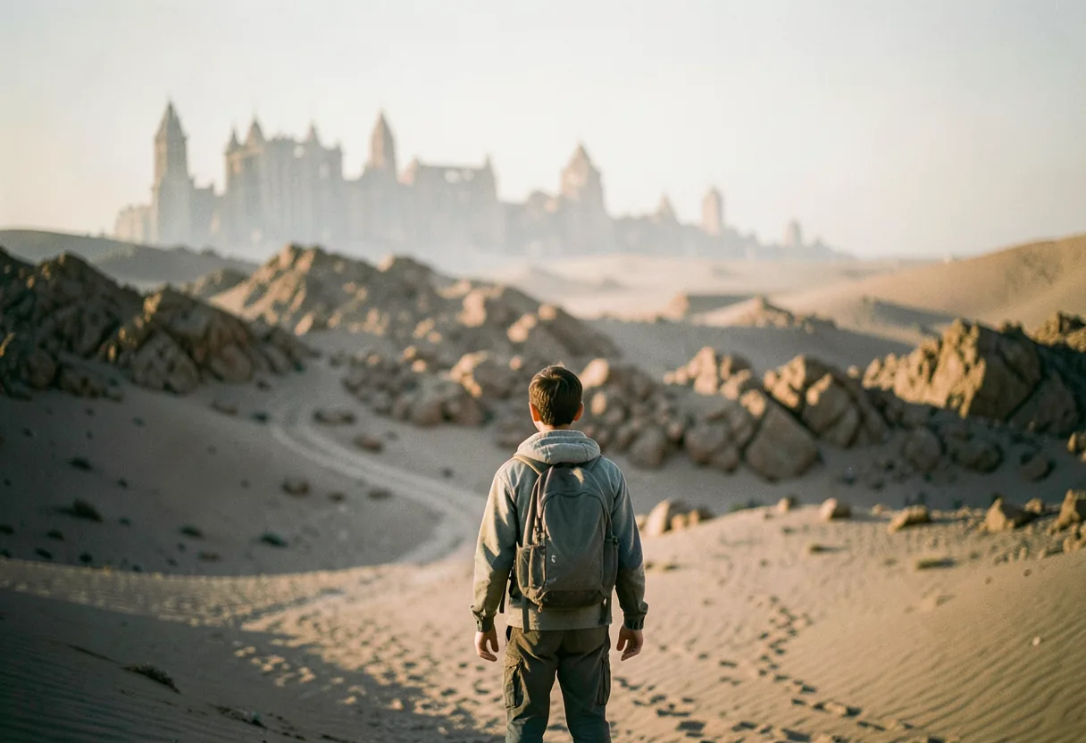 Player in beginner gear stands alone in a muted, desaturated desert landscape, level guide.