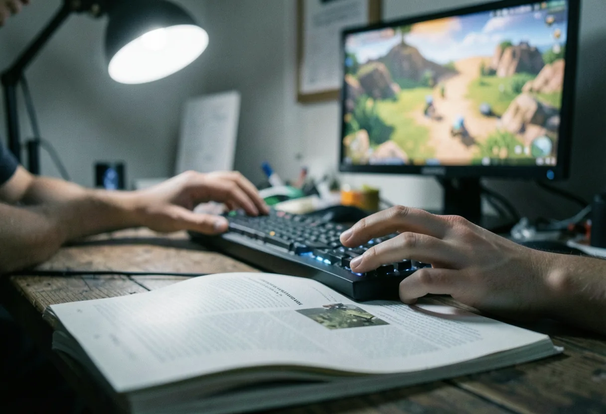 Beginner's guide on worn wooden table, muted colors, soft lighting, Black Desert Online.