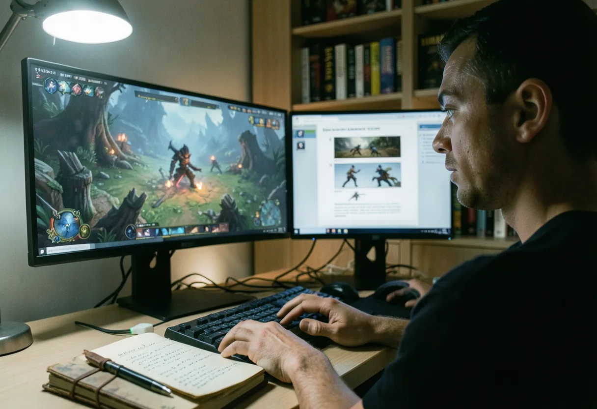 Dual monitors showing Black Desert Online beginner's guide, gamer's desk, muted lighting.