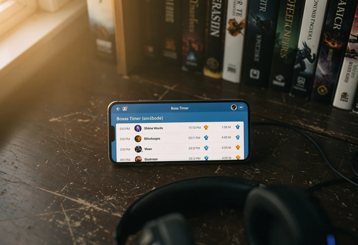 Smartphone screen showing Black Desert Online Boss Timer app with spawn schedule.
