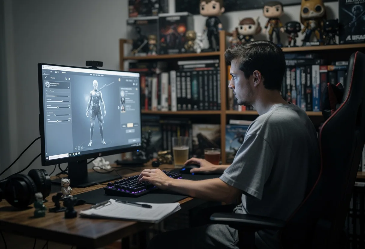 Character customization screen with sliders, muted tones, soft lighting.