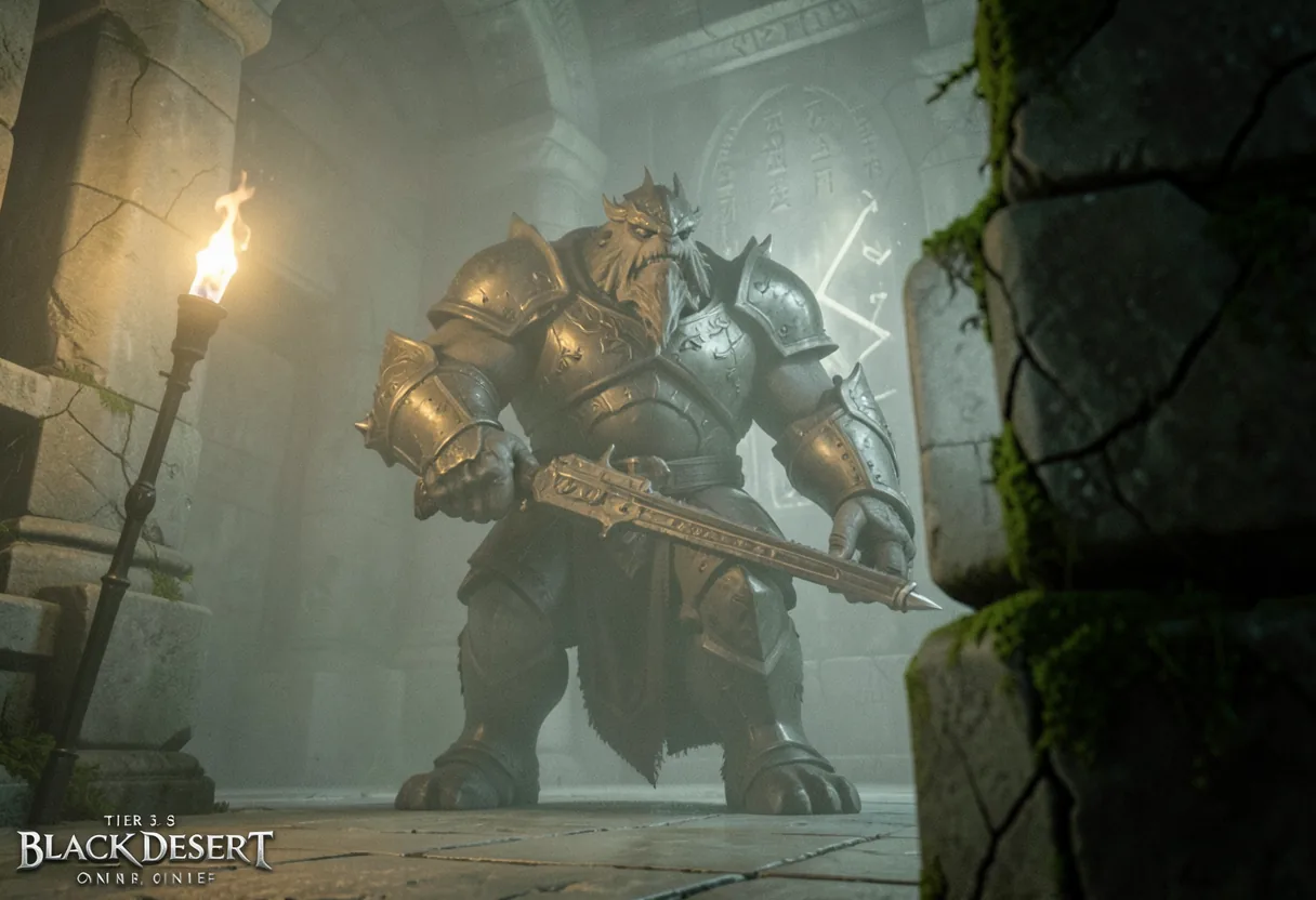 A dimly lit, muted figure of a Tier 3 Boss in Black Desert Online.