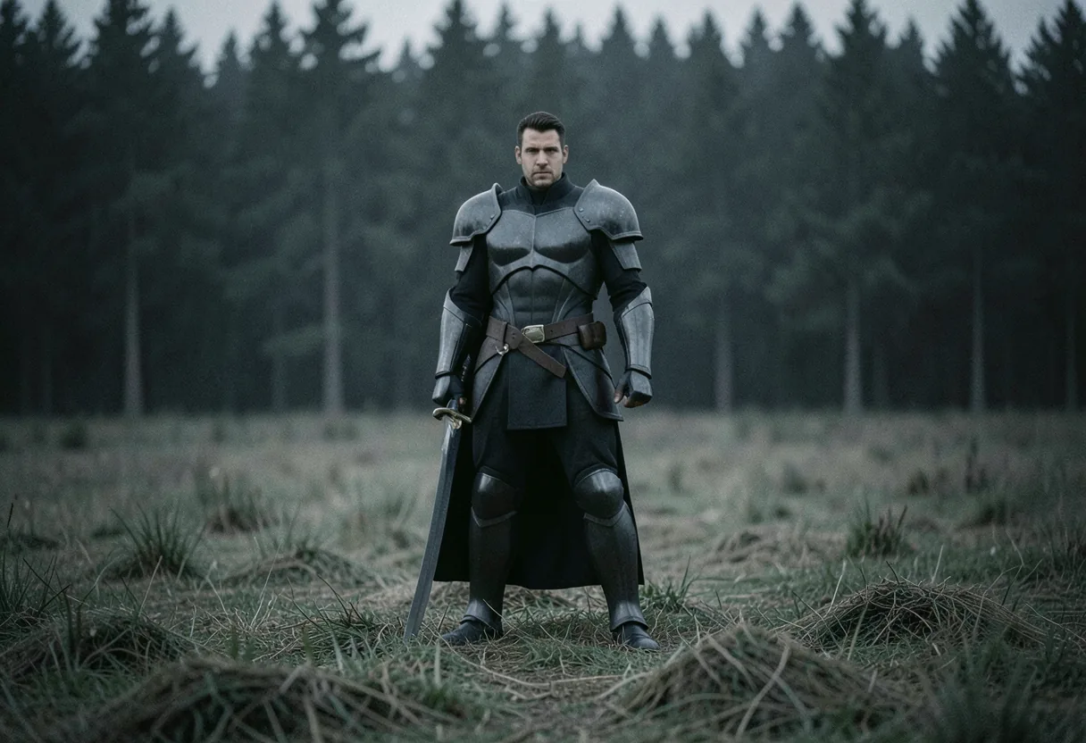 Dark Knight in muted field, expansive and dimly lit, lone figure stands.