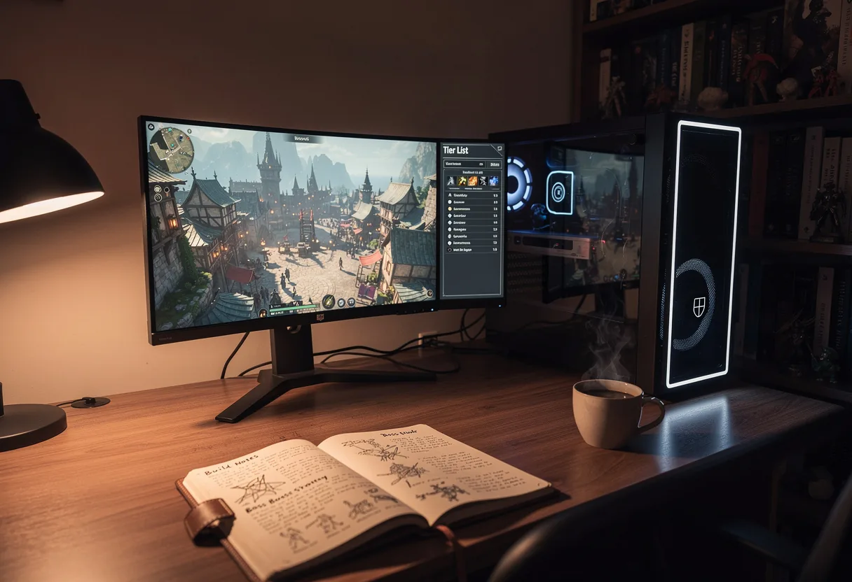 Dimly lit gaming room, tier list on screen, 'Garmoth Tier List' topic.