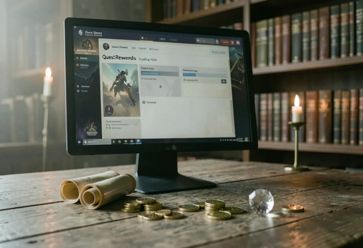 Old parchment, coins, and a quill pen on a weathered wooden table, herald's journal quest rewards.